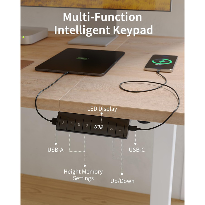 FEZIBO Стол для роботи з регулюванням висоти 140x70 см з USB-A та USB-C, електричний, для дому/офісу, економія місця, дуб