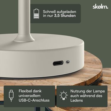 LED настільна лампа Skølm Aeriala: диммування, USB-C зарядка, тепле світло, до 10 годин роботи, метал, бежевий, енергоклас G