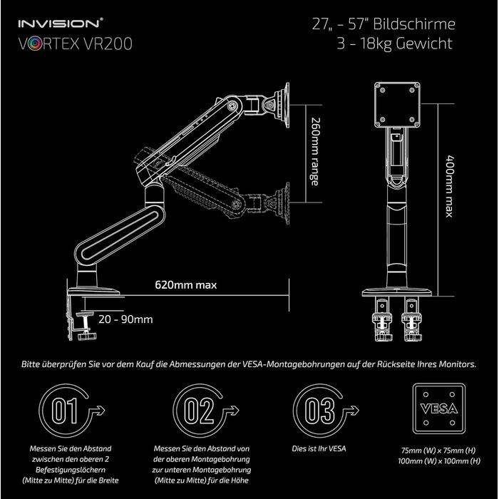 Кріплення для монітора Invision Vortex Gaming – 27–57 дюймів – Curved & UltraWide – RGB LED – 3–18 кг (VR200)
