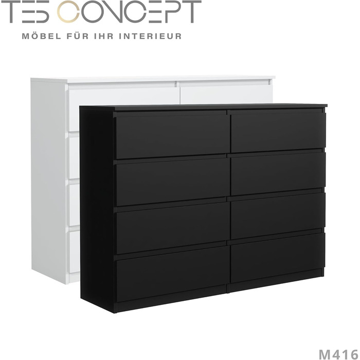 Комод Tesconcept з 8 шухлядами, сервант, 119x100x33см, чорний матовий, ДСП 16мм