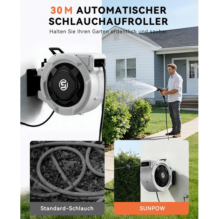 Шланговий барабан SUNPOW настінний 30м для саду, тераси та двору. Автоматичний намотувач, поворотна стіна, 10 функцій розпилення. Діаметр 16 мм.