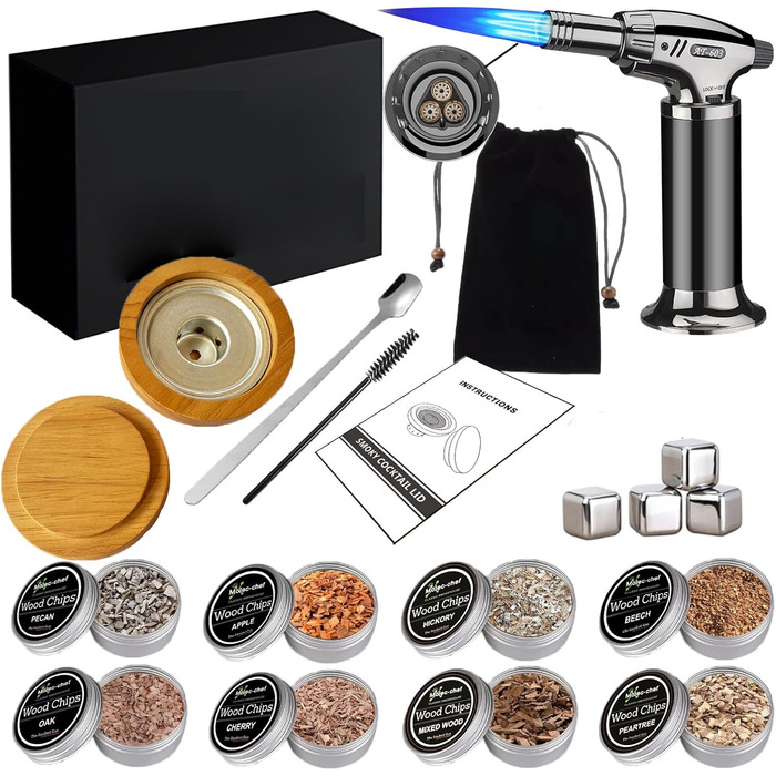 Набір для копчення коктейлів: факел, 8 смаків, тріски, ліхтарик, форма для льоду, аксесуари для віскі, інфузія