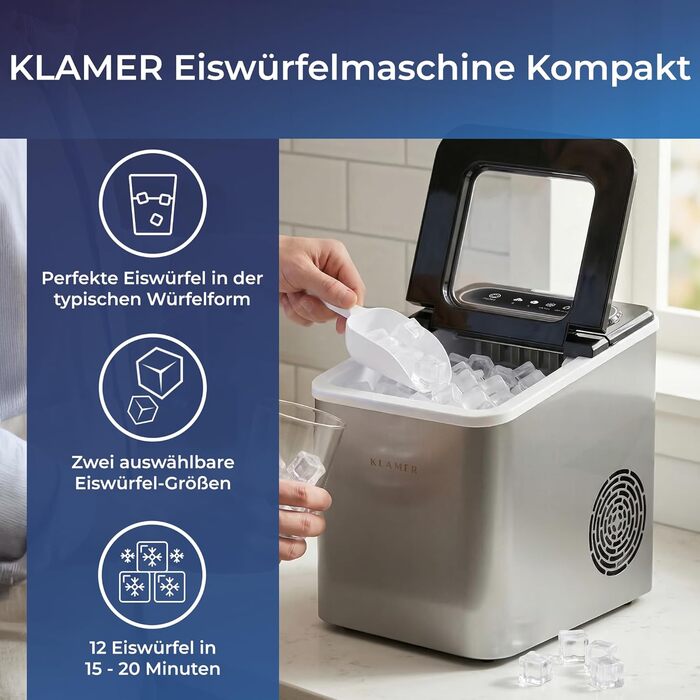 Льодогенератор KLAMER 24 кг/добу, 3 розміри кубиків льоду, резервуар 2.2 л, 130 Вт - тихий льодогенератор для дому та бізнесу