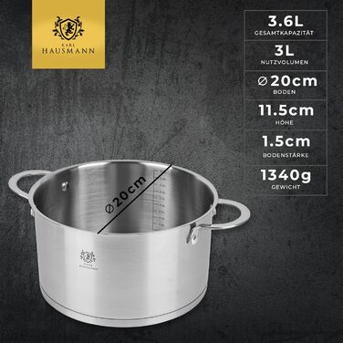 Нержавіюча каструля Karl Hausmann 3.6L, Ø 20 см - каструля з нержавіючої сталі з кришкою для всіх типів плит (індукція)