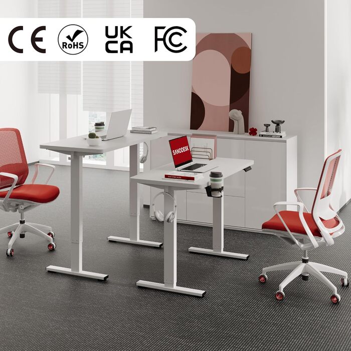 Регульований стіл Sanodesk 110x54 см – компактний стоячий стіл з аксесуарами, для маленьких приміщень, з антиколізійним захистом (білий)