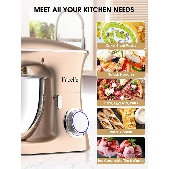 Кухонна машина-міксер Facelle 2000W з чашею 8,5L (6+ швидкостей) для випічки, тіста, міксування, з набором насадок (снігобій, гак для тіста, вінчик) та захистом від бризок, колір Champagne