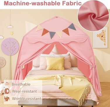 Дитяче намет-будиночок HOMASIS для гри в приміщенні, рожевий: зі світлячками, килимком, вікнами та фіранками