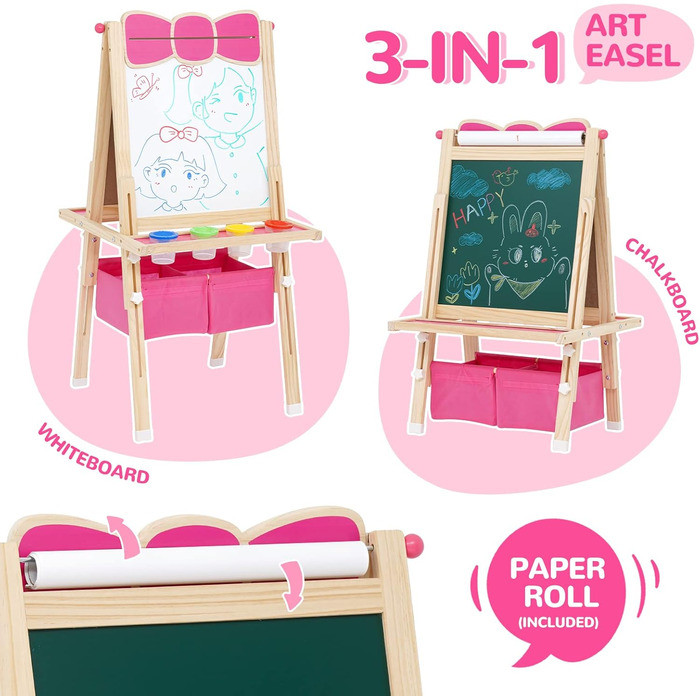 Дерев'яна мольберт Kinder Tafel з паперовою рулонкою, регульована висота, рожевий колір, двосторонній (whiteboard та дошка)