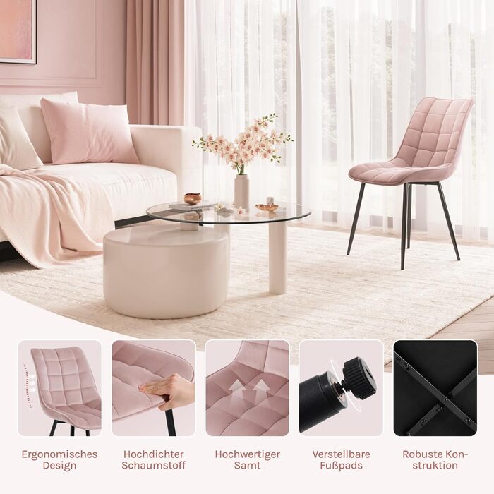 Набір обідніх стільців WOLTU, 8 шт., рожеві, для кухні, вітальні, їдальні, м'яке сидіння з велюру, металеві ніжки, до 150 кг