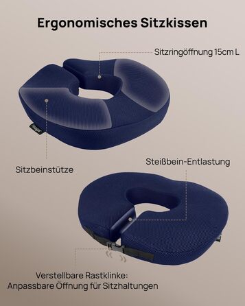 Ортопедична подушка-кільце Feagar: ергономічний сидіння-пончик для копчика, геморой та ішіасу, посилена (90-140 кг), темно-синя