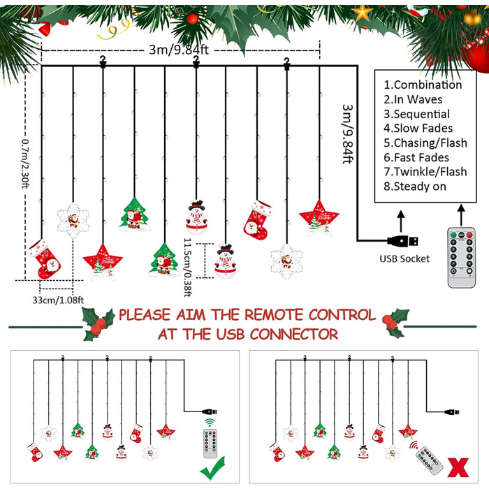 Льоново-новорічна гірлянда на вікна BLOOMWIN - 120 LED, 8 режимів, тепле біле світло, USB, 3D мотив