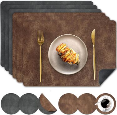 Набір серветок Pixieora з екошкіри (6 шт.) сірого та світло-коричневого кольорів, миючі, з підставками під тарілки