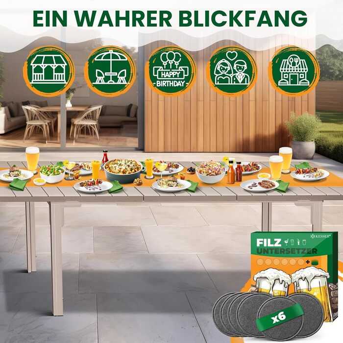 Розсувний садовий стіл KESSER® 180/240x90 см, на 8 осіб, з металевим каркасом та стільницею з HDPE, вологостійкий, UV-стійкий, з 6 підставками