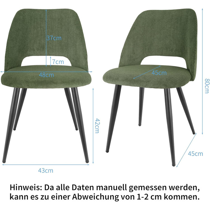 Набір обідніх стільців 4 шт. з витонченою спинкою, м'які стільці для кухні, вітальні, спальні, зелений (2 шт. в наборі)
