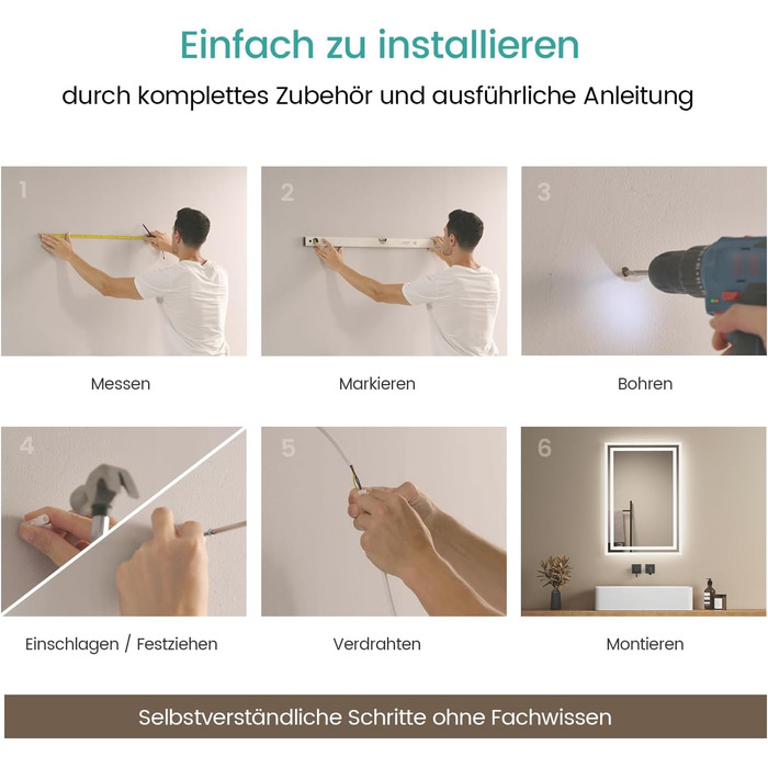 Дзеркало для ванної кімнати EMKE з підсвічуванням 40x60 см LED, антизапарник, холодний/теплий білий, з кнопкою, алюмінієва рама, IP44, енергозберігаюче