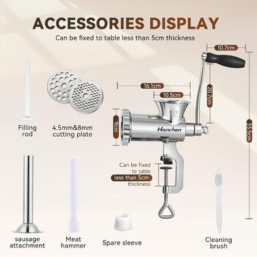 М'ясорубка ручна Hanchen з нержавіючої сталі, багатофункціональна, для ковбас та овочів (12 насадок)
