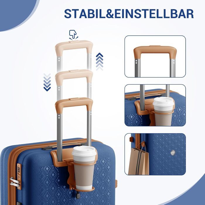 Валіза ручної поклажі KONO з тримачем для напоїв, жорсткий корпус, легкий поліпропілен, розширюваний, 4 колеса, TSA-замок (Темно-синій/Коричневий, M)