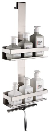 Настінна поличка для душу з 2 ярусами, нержавіюча сталь SUS304, з гачками, для скляних душових кабін, H30BN-2DH, 2 відділення, матове нікель