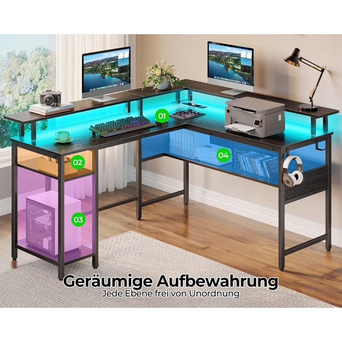 Роланстар Стіл ігровий L-подібний з LED та розеткою, 137 x 108 см, комп'ютерний стіл з підставкою для монітора та місцем для зберігання, реверсивний кутовий стіл для офісу, домашнього офісу (Білий) (Чорний)