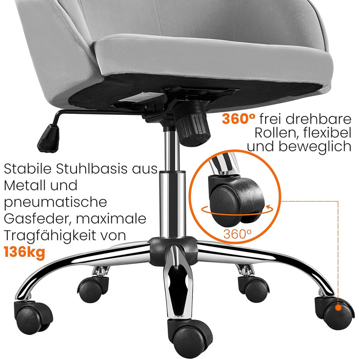 Крісло Yaheetech для дому та офісу, крісло для макіяжу, регульоване по висоті, поворотне, оксамитове, для робочого кабінету, спальні, дихаюче, на коліщатках, до 136 кг, сірий колір