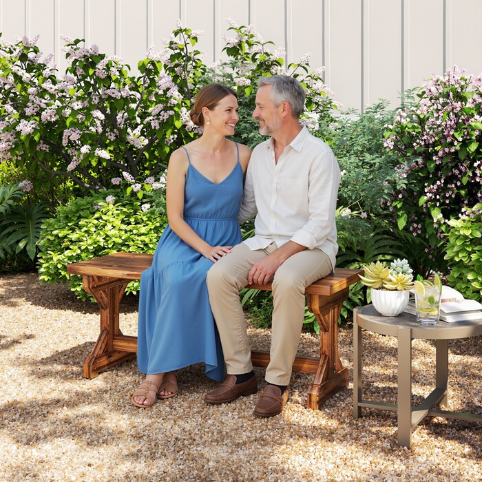 Двомісна садова лавка, стійка до погодних умов, дерев'яна лавка для відпочинку, паркова лавка з Х-подібною основою, витримує до 240 кг, розміри 114 x 40 x 46 см, обвуглена.