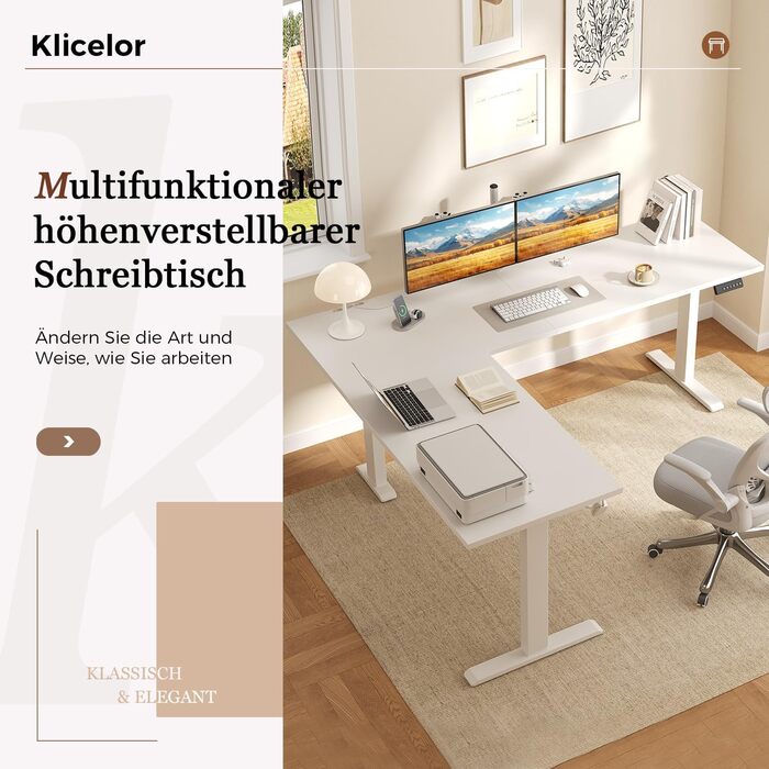 Електричний кутовий стіл Klicelor з регулюванням висоти, 190 x 155 см. 3 функції пам'яті, антиколізійна технологія, ергономічний комп'ютерний стіл, білий