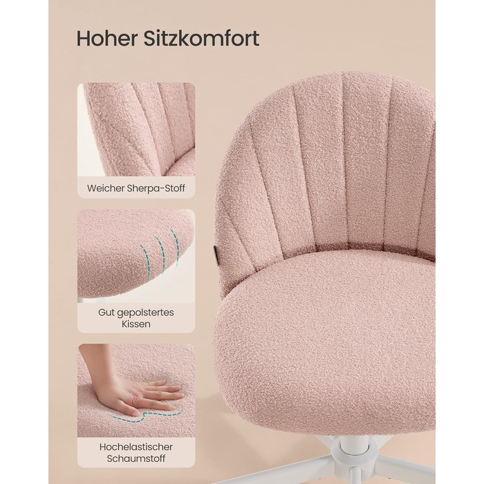 Крісло SONGMICS для дому та офісу, пухнастий стільчик для макіяжу, регульоване по висоті, з м'якою оббивкою, для робочого кабінету, спальні, гардеробної, кремово-білий (пастельно-рожевий)