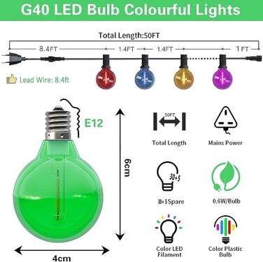 Футові барвисті садові гірляндні ліхтарі, 35 світлодіодних, захищені від ударів, енергоефективні для зовнішнього використання, 50-