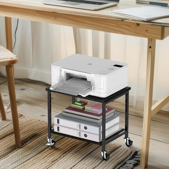 Двоярусний стіл для принтера з роликами, 30x42x37 см, дерев'яний та металевий, мобільний, для офісу та вітальні, чорний
