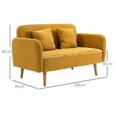 HOMCOM Подвійне диван-крісло Loveseat з подушками, регульовані підніжки, оксамитоподібний поліестер, піна, компактний дизайн, 2-місний, Натуральний+Жовтий| Aosom