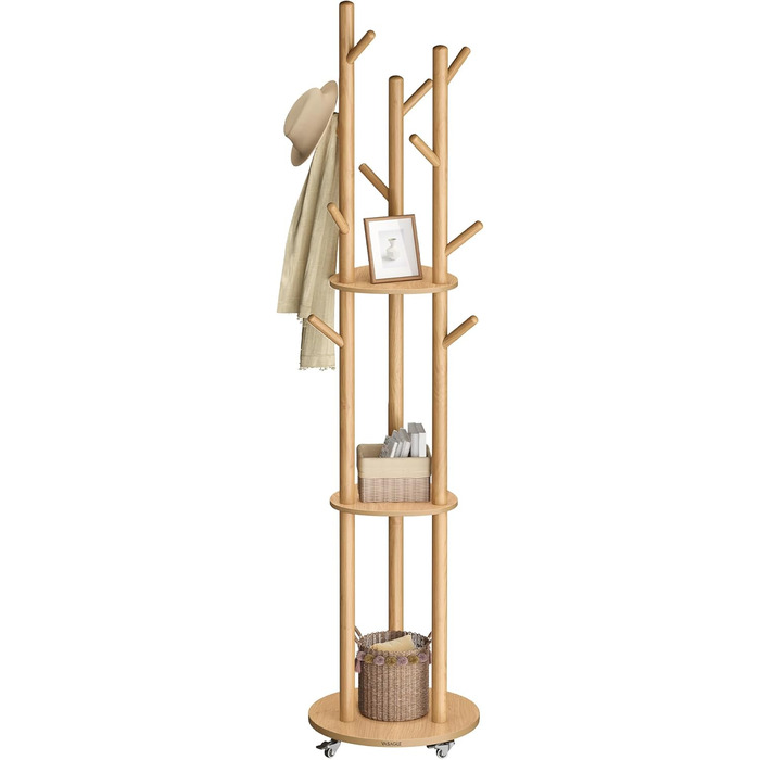 Вішалка для одягу VASAGLE з 11 гачками та 3 полицями, на коліщатках, з масиву дерева, для передпокою, спальні, вітальні, RCR023B01 (натуральний колір)