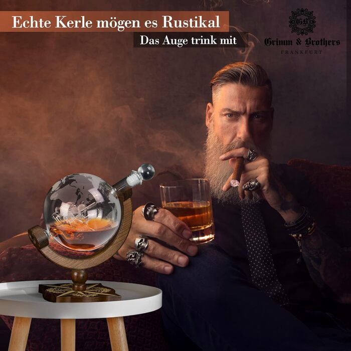 Karafe для віскі Grimm & Brothers Kompass ECHTHOLZ 850ml з привітальною листівкою - аксесуари для віскі, подарунок для чоловіків, глобус, подарунковий набір
