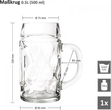 Набір пивних кружок Van Well 12 шт., 0,5 л, зі шкалою, для ресторану та бару | Скляні кружки для пива, стійкі до миття в посудомийній машині