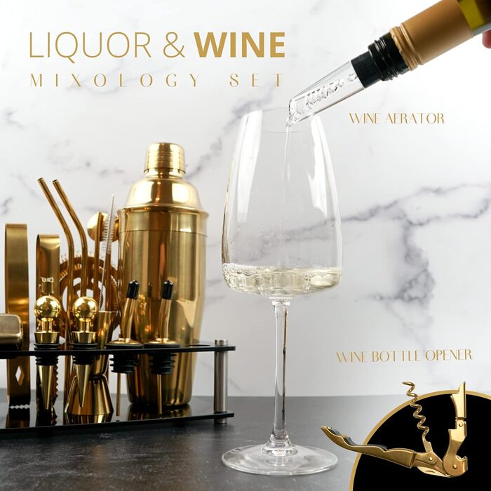 Набір бармена Mixology – 24 предмети: золотий шейкер, стакан, мадлер, кубики льоду та інше. Ідеальний барний аксесуар для дому