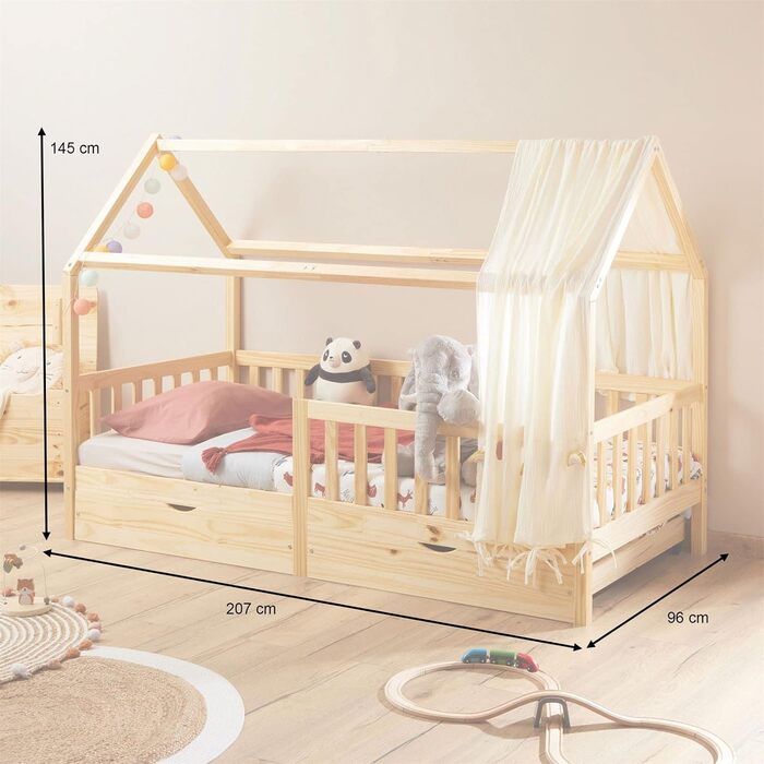 Ліжко для дому IDIMEX NUNA з масиву сосни, ліжко Монтессорі 90 х 200 см із захистом від падіння, ігрове ліжко з висувними ящиками, сучасне дитяче ліжечко з дахом (натуральне)