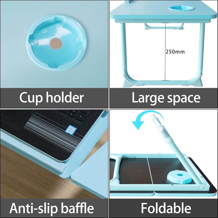 Стіл для ноутбука на ліжко з регульованими ніжками та тримачем для чашки, підставка для читання, стіл для сніданку на диван, ліжко, терасу, балкон (Білий, Синій)