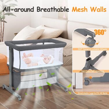 Зустрічне ліжко для немовлят, коліс, кошик для зберігання, регулювання висоти 7 рівнів (темно-сірий)