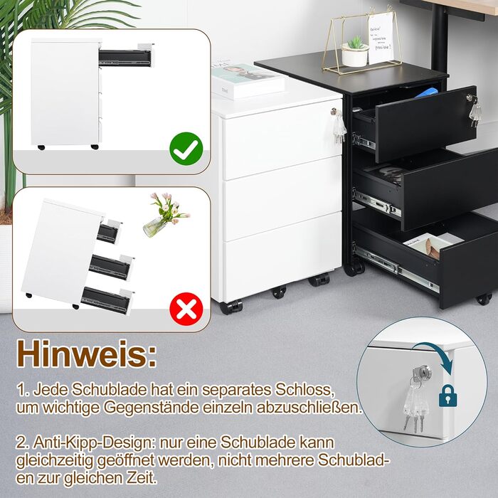 Роликовий контейнер HOMSTEEL з замком, 4 ключі, 4 висувні ящики, металевий шафка, збірно-розбірний, для офісу та дому, білий