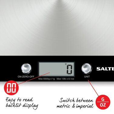 Цифрові кухонні ваги з нержавіючої сталі Salter 1068 SSBKDR - 5 кг, додавання та зважування, функція нуля/тари, вимірює рідини в мл/фл. OZ, РК-дисплей, чорний, тонкий дизайн, легко чистити (16 x 18 см, Evo Precision Balance)