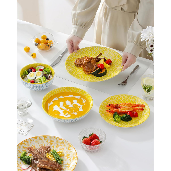 Набір посуду Vancasso Selene для 6 осіб, 24 елементи: тарілки, супові тарілки, миски, десертні тарілки. Пастельне порцелянове покриття, підходить для мікрохвильової печі.