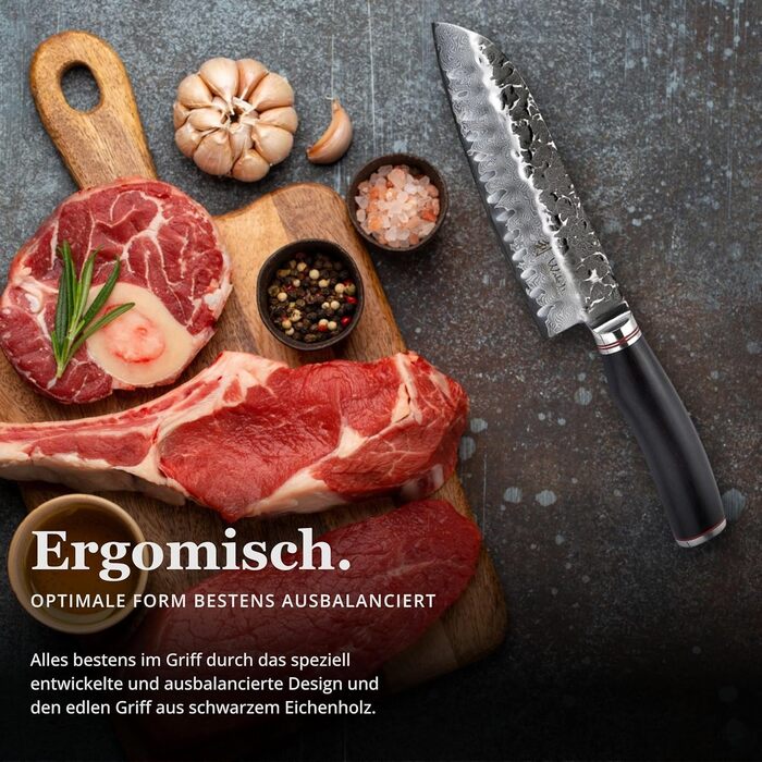 Японський ніж Santoku Wakoli EBO з дамаської сталі (серцевина VG10), 17,5 см - гострий ніж для кухні та приготування їжі, преміум-якість, з дерев'яною ручкою з дуба, у подарунковій коробці