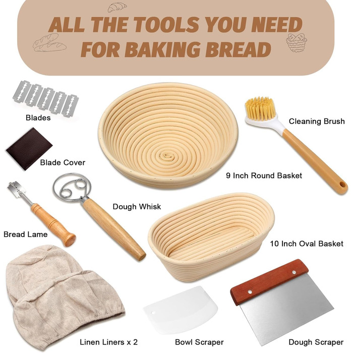 Набір для випічки хліба Brot: 2 корзини (23см круглі, 25см овальні), тейгшкребок, мішалка, тканинний вкладиш & лам, 100% ротанг