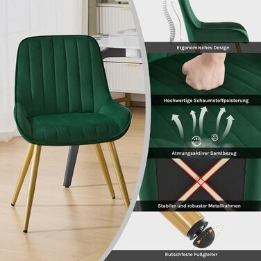 Набір з 2 стільців Lestarain для їдальні, вітальні, кухні. Ретро стільці з м'яким сидінням з оксамиту та металевими ніжками, до 150 кг, темно-зелений оксамит