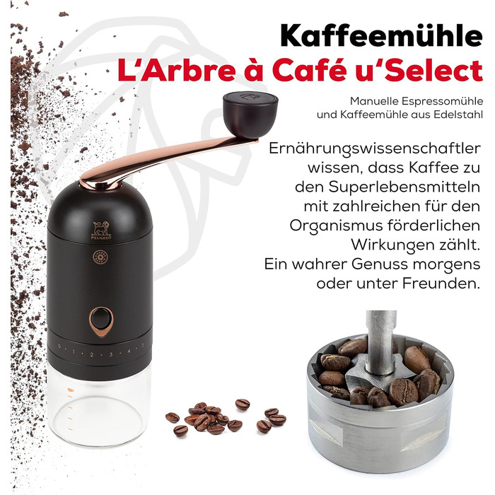 Кавомолка Peugeot L'arbre à café ручна - сталеве майно, 19 см, шоколадно-коричневий колір