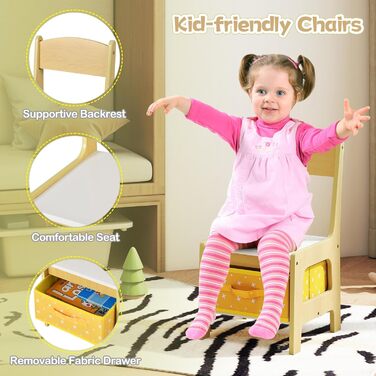 Дитячий меблевий набір GOPLUS 3в1: стіл та 2 стільці, дерев'яний, з місцем для зберігання, для дому, жовтий