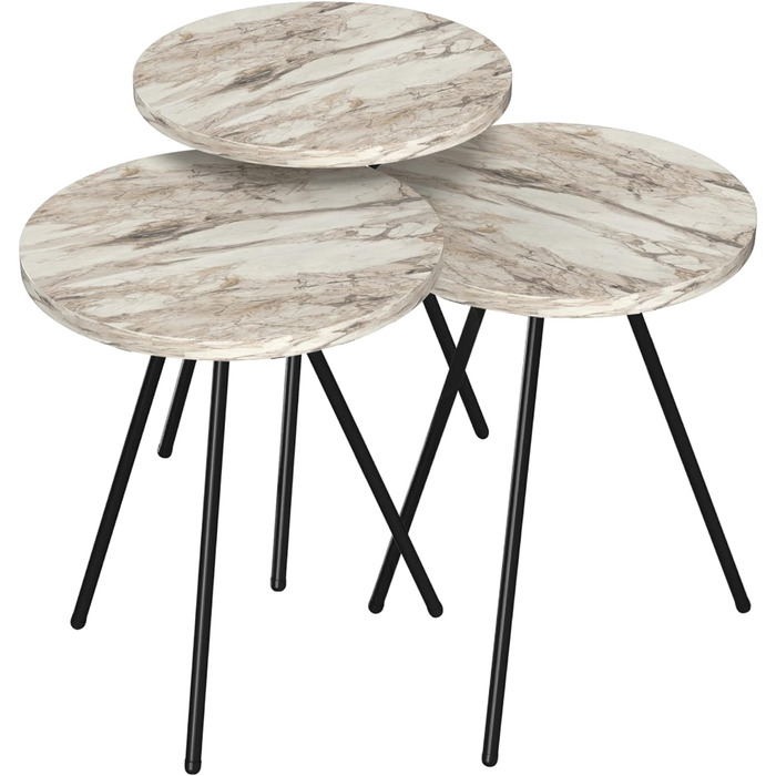 Набір приставних столів Ølgod Nesting Table Набір з 3 столів для вітальні з круглою стільницею та металевими ніжками Салонний стіл (мармур, білий)