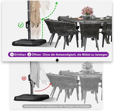 Парасолька від сонця PURPLE LEAF 350x350 см, велика садова парасолька-амбрела з рукою-користувачем, поворотом на 360° та хрестовиною, бежева, для тераси та балкона