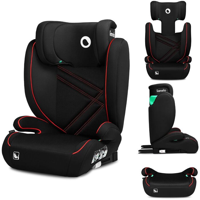 Автокрісло Lionelo Hugo R129 (100–150 см) – ISOFIX, 8 положень підголівника, Memory Foam, бічний захист, комфортні підлокітники (Чорно-червоний, I-SIZE)