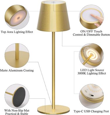 Акумуляторна настільна лампа Klighten LED з можливістю затемнення Gold, бездротова, USB-C, 3000K, алюміній, IP54