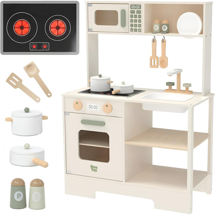 Дерев'яна дитяча кухня Nene Toys – іграшковий кухонний набір з підсвіткою та звуком, мийка, кран, мікрохвильова піч, духовка, полиці, гачки + аксесуари – іграшка Монтессорі від 3 років – подарунок для дівчаток та хлопчиків